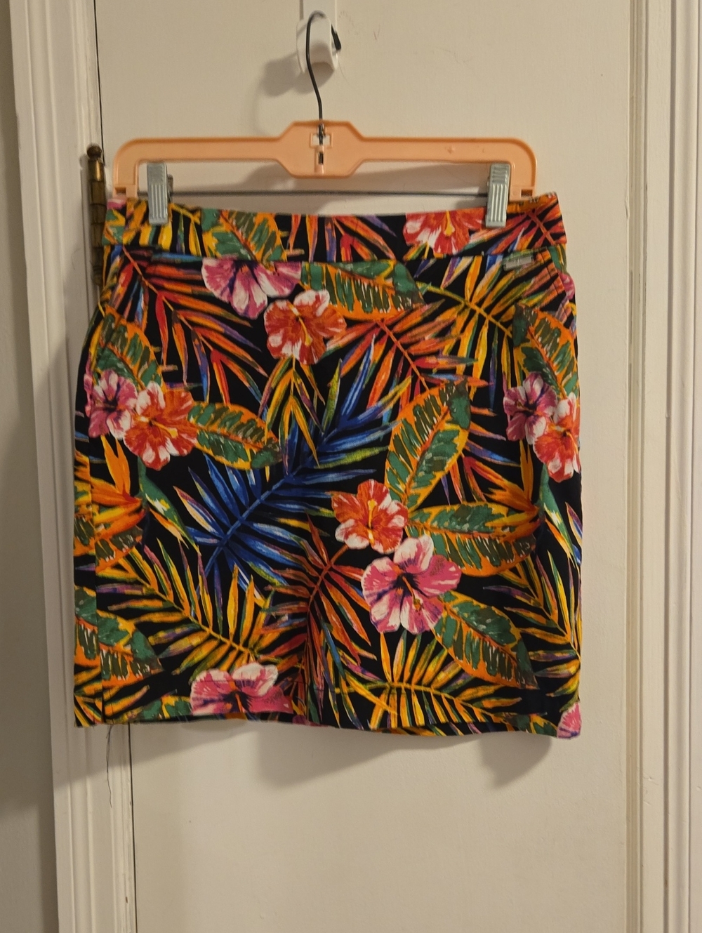 Rafaella Black Mini Skirt with Pink, Yellow and Green Tropical Print